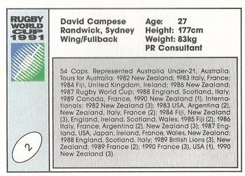 1991 Regina Rugby World Cup #2 David Campese Back